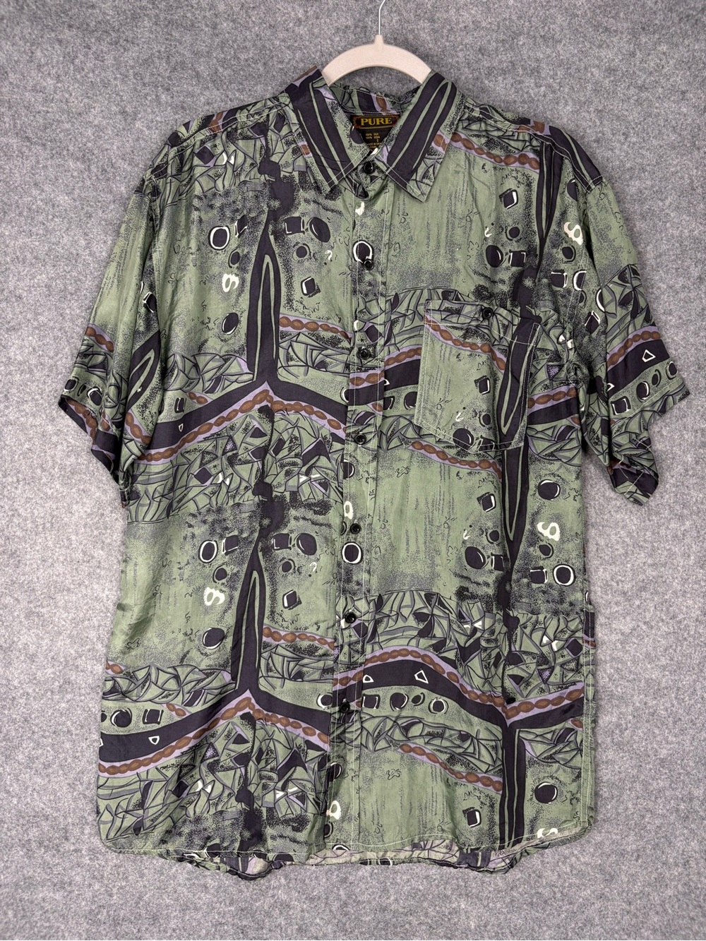 Vintage PURE 100% Silk Abstract Print Button Up Shirt Green Black Size Small